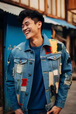 Portrait of a handsome young asian man in denim jacket smiling at cameraの素材