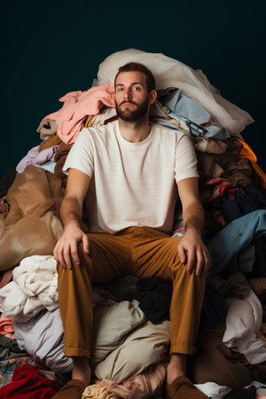 Young man sitting on pile of clothes and looking at camera isolated on blackの素材