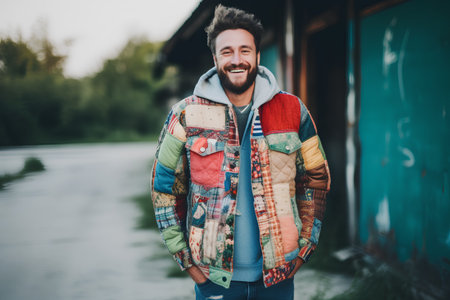 Portrait of a handsome young man with a beard in a colorful jacketの素材
