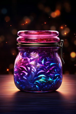 3d render of glass jar with magic light inside on dark backgroundの素材