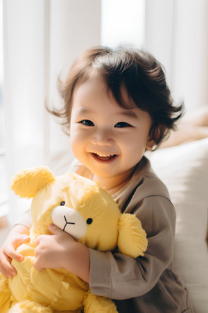 Portrait of a cute little asian girl playing with teddy bear at homeの素材