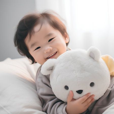 Cute asian child girl with toy bear on bed at homeの素材
