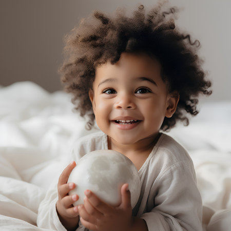 cheerful african american little girl holding toy ball on bedの素材