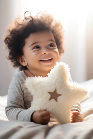 happy african american baby with star toy on bed at homeの素材