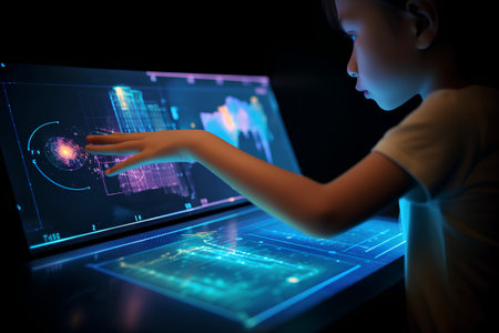 3D rendering of a girl working on a futuristic touch screen interfaceの素材