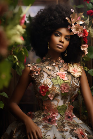 Beautiful african american woman with afro hairstyle and flowers in her hairの素材