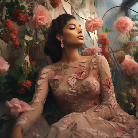 Portrait of a beautiful young woman in a pink dress sitting in a room with flowersの素材