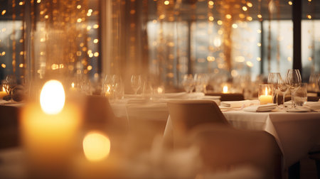 Restaurant. Table setting with candles and glassware on tableの素材