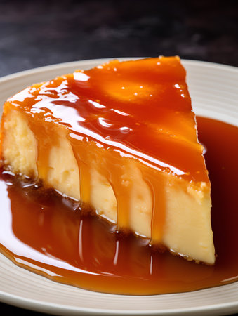 Piece of Cheesecake with Caramel Sauce on Dark Backgroundの素材