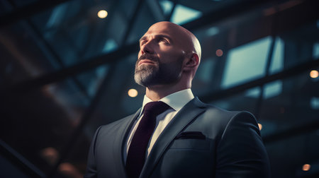 Portrait of a bearded businessman in a suit and tie standing in an office building.の素材