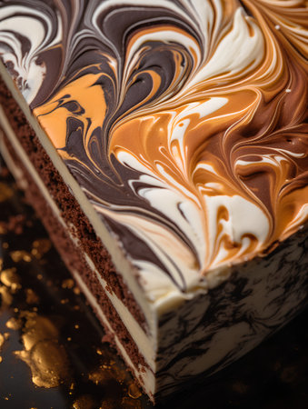 Piece of chocolate cake with cream and chocolate glaze on a black backgroundの素材
