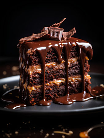 Chocolate cake with cream and caramel on a dark background. Selective focus.の素材