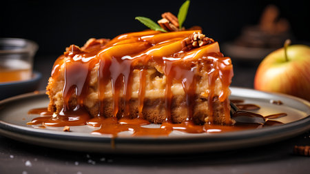 Homemade caramel cake with apples and cinnamon on a dark background.の素材