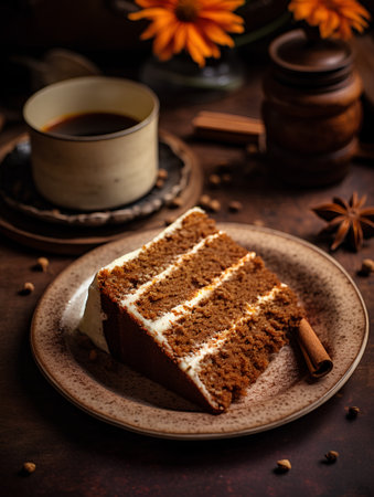 Coffee and cake on a dark background. Selective focus.の素材
