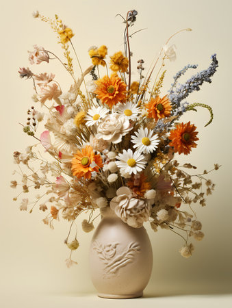 Bouquet of dried flowers in vase on beige backgroundの素材