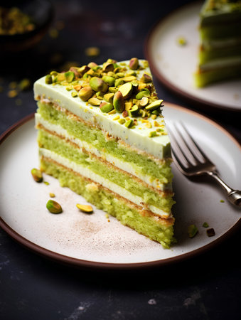 Pistachio cake with pistachios on a dark backgroundの素材