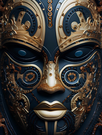 3D rendering of a fantasy mask with metal elements and ornament.の素材