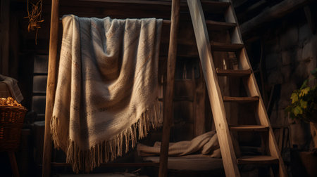 Woolen plaid in a rustic wooden house interior.の素材