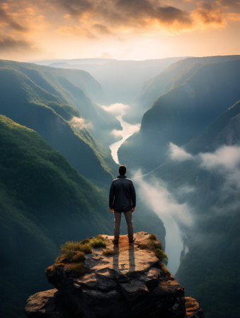 Man standing on the edge of cliff and looking at misty valleyの素材