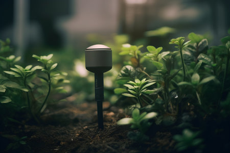 Microphone in the garden. Selective focus. Shallow depth of field. Toned.の素材