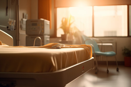 Hospital room with bed and equipment. 3d render illustration.の素材