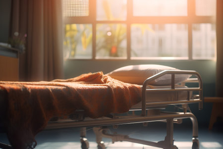 Hospital bed in a room with sunlight. Healthcare and medical concept.の素材