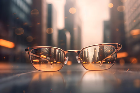 Sunglasses on a city street at sunset, vintage filter effectの素材