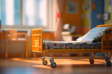 3D rendering of a hospital bed in a children's room.の素材