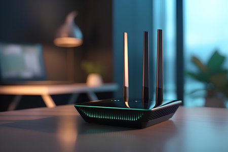 Wireless router on a table in the room. 3d renderingの素材