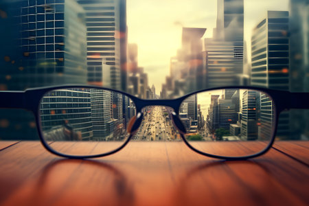 Glasses on wooden table with cityscape background, Business vision conceptの素材