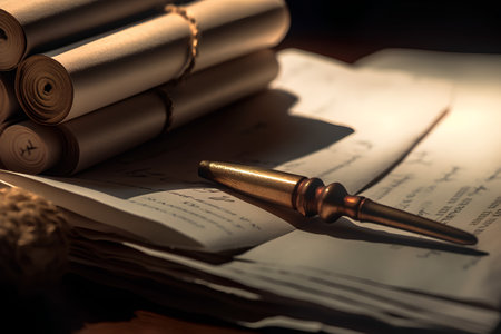 Old books and fountain pen on the table. Shallow depth of field.の素材