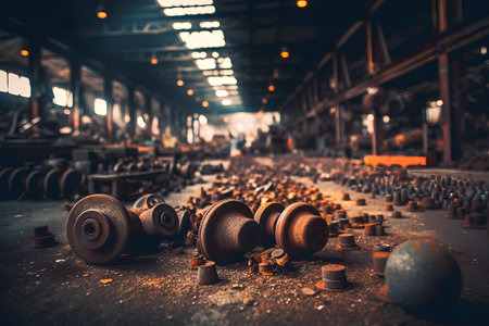 Old rusty iron dumbbells in a factory. Selective focus.の素材