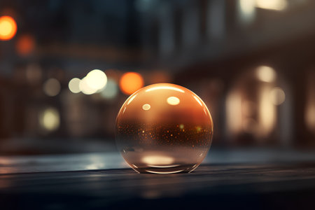 Glass sphere on a wooden table in the night city. 3d renderingの素材