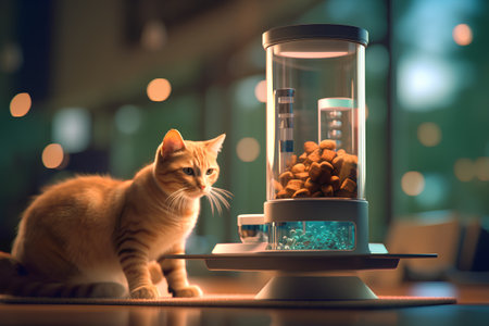 Cute ginger cat is eating dry food in a pet food dispenser.の素材