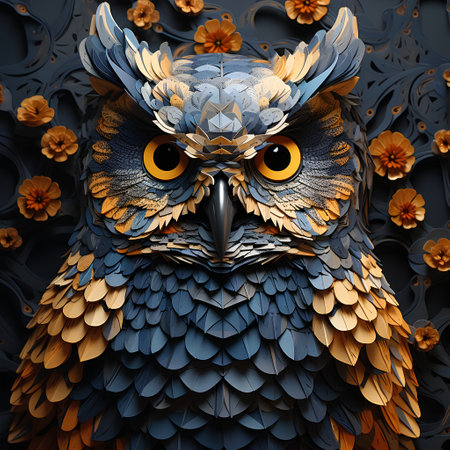 Owl with flowers on a dark background. 3D illustration.の素材