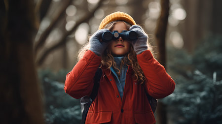 Young woman looking through binoculars in the forest. Travel and adventure concept.の素材