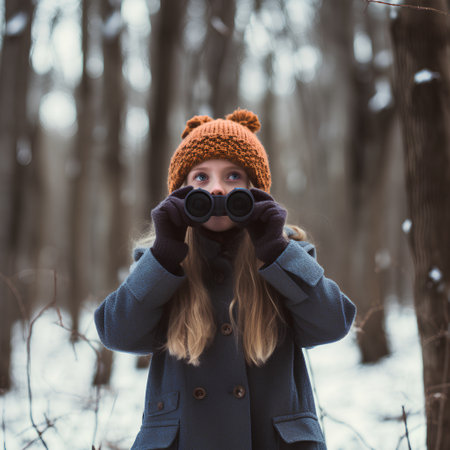 Young girl with binoculars in the winter forest. The concept of adventure and travel.の素材