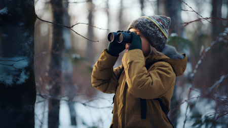 Young woman with binoculars in the forest in winter. Travel concept.の素材