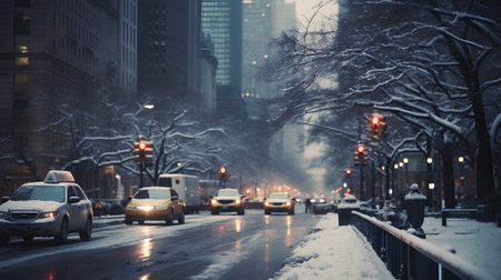 Traffic on a snowy street in Chicago, Illinois, USA.の素材