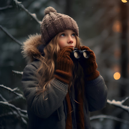 Portrait of a cute little girl with binoculars in winter forestの素材