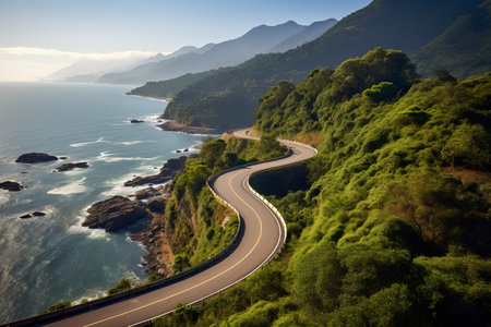 Aerial view of winding road in the mountains. Beautiful summer landscapeの素材