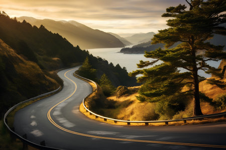 Winding road in the mountains at sunset. Lake Wakatipu, Queenstown, New Zealandの素材