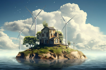 House on a island in the sea with wind turbines in the backgroundの素材
