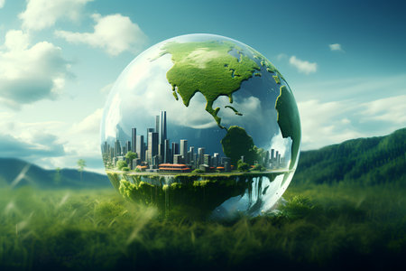 Eco city concept. Globe in green grass. 3D renderingの素材