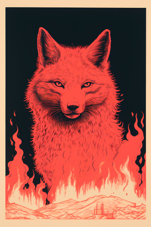 Vector illustration of a fox in front of a big fire. Can be used as a print on t-shirts and bags.の素材