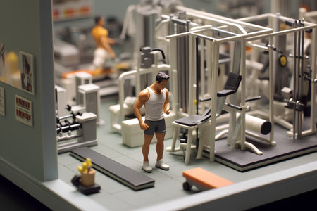 Miniature people: Muscular man running on the treadmill in the gymの素材