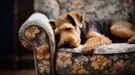 Airedale Terrier lying on an armchair at home.の素材