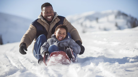 Happy african american couple having fun on fresh snow on winter vacationの素材