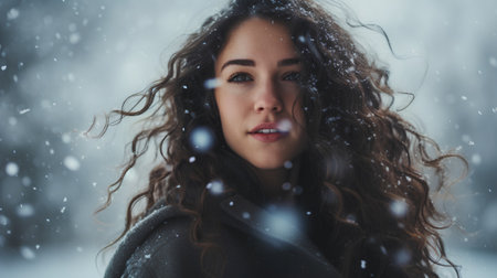 Winter portrait of beautiful young woman with long curly hair in snowy forestの素材