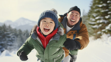 happy father and son having fun on snow in winter forest at mountainの素材
